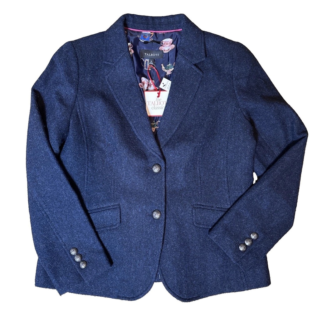 Talbots Aberdeen Sz 10 Navy Wool Blend Blazer Teapot Teacup Novelty Lining Tweed